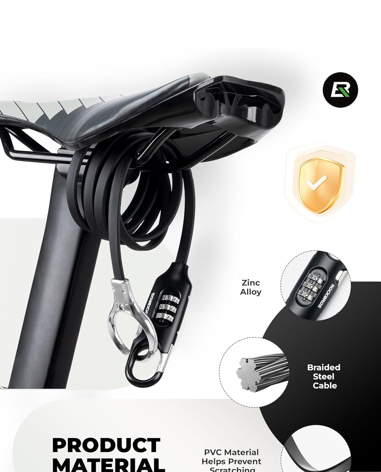 ROCKBROS candado para bicicleta candado con cable 150cm con código numérico antirrobo para bicicleta scooter cochecito de bebé rojo/negro