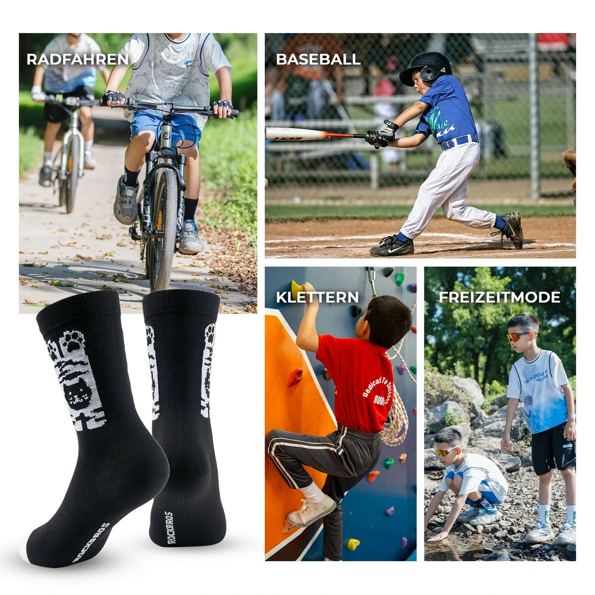 ROCKBROS Calcetines de bicicleta para niños con zonas de compresión antibacterianas 5A, diseño de huellas de gato