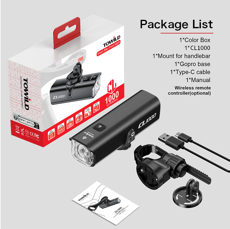 TOWILD CL1000 Luz de bicicleta impermeable compatible con soporte Garmin/GoPro. 1000 lúmenes.