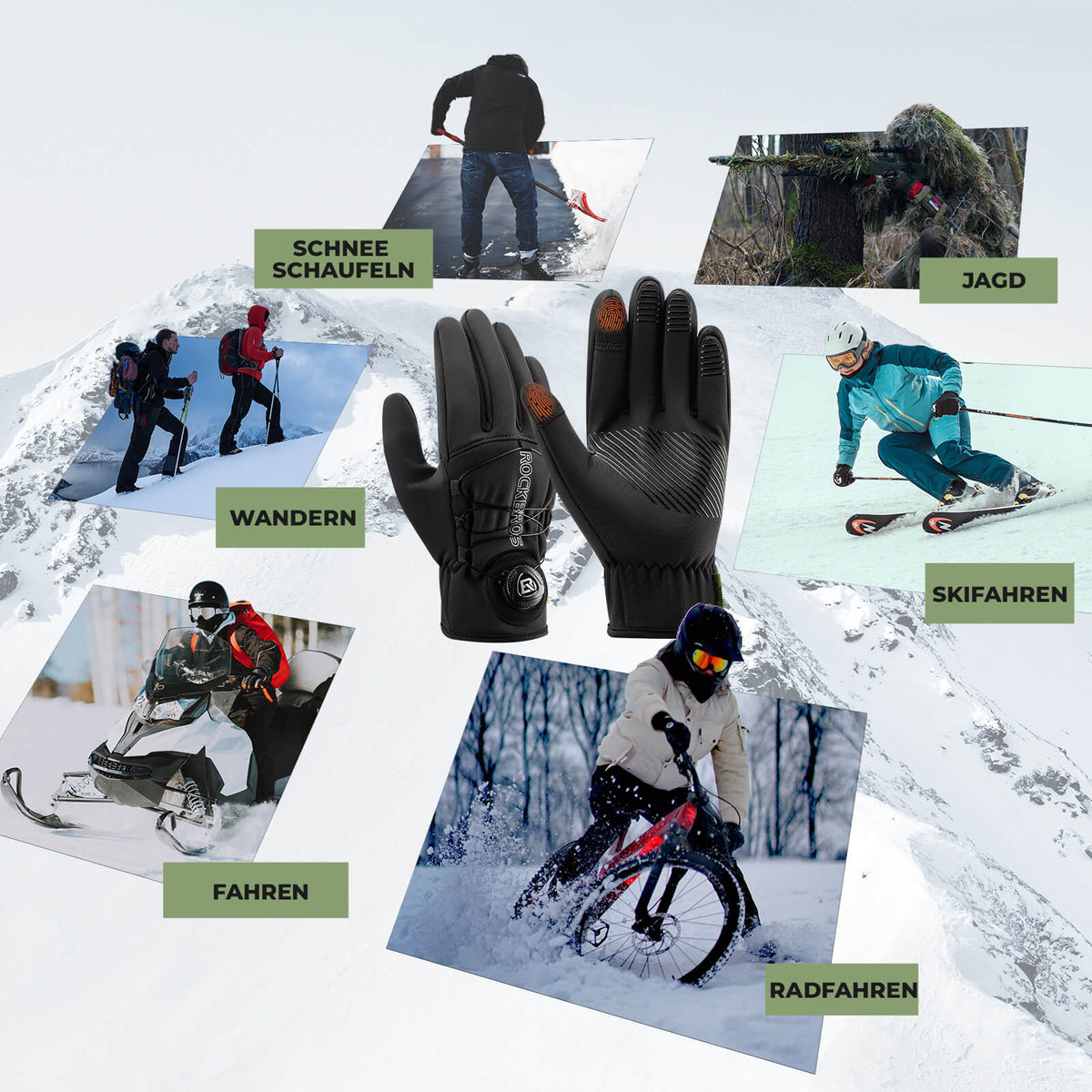 ROCKBROS Guantes de invierno para bicicleta con pantalla táctil - Térmicos acolchados y reflectantes