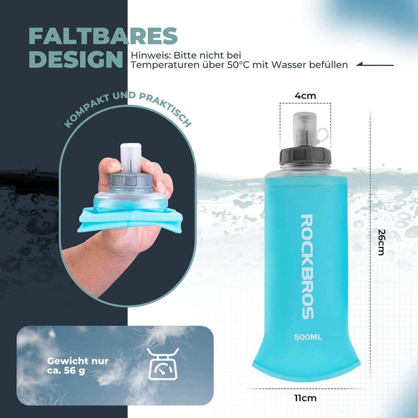 Botella de agua plegable de 500 ml para correr, senderismo y ciclismo ROCKBROS