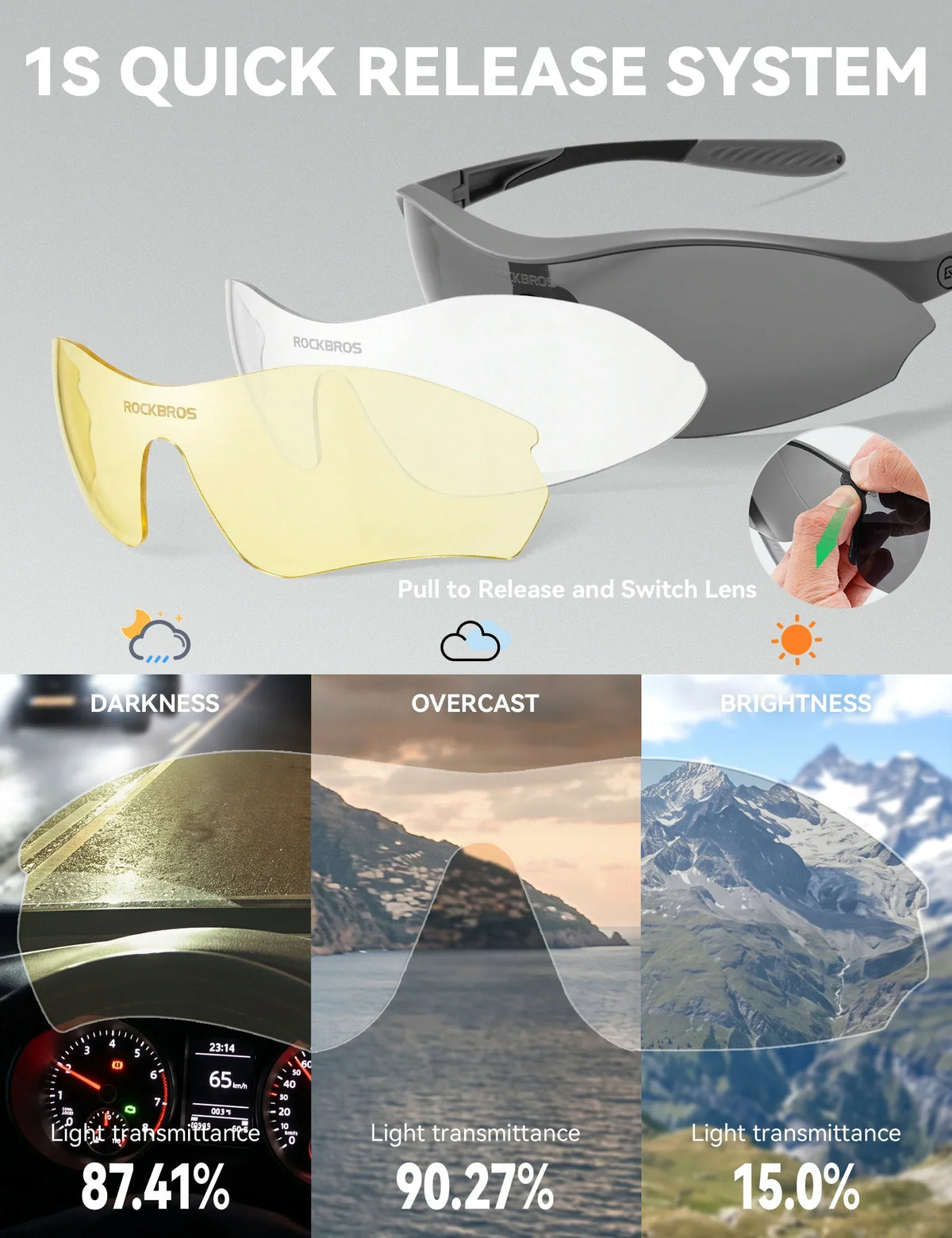 Gafas de sol deportivas ROCKBROS para ciclismo con 3 lentes UV400 intercambiables