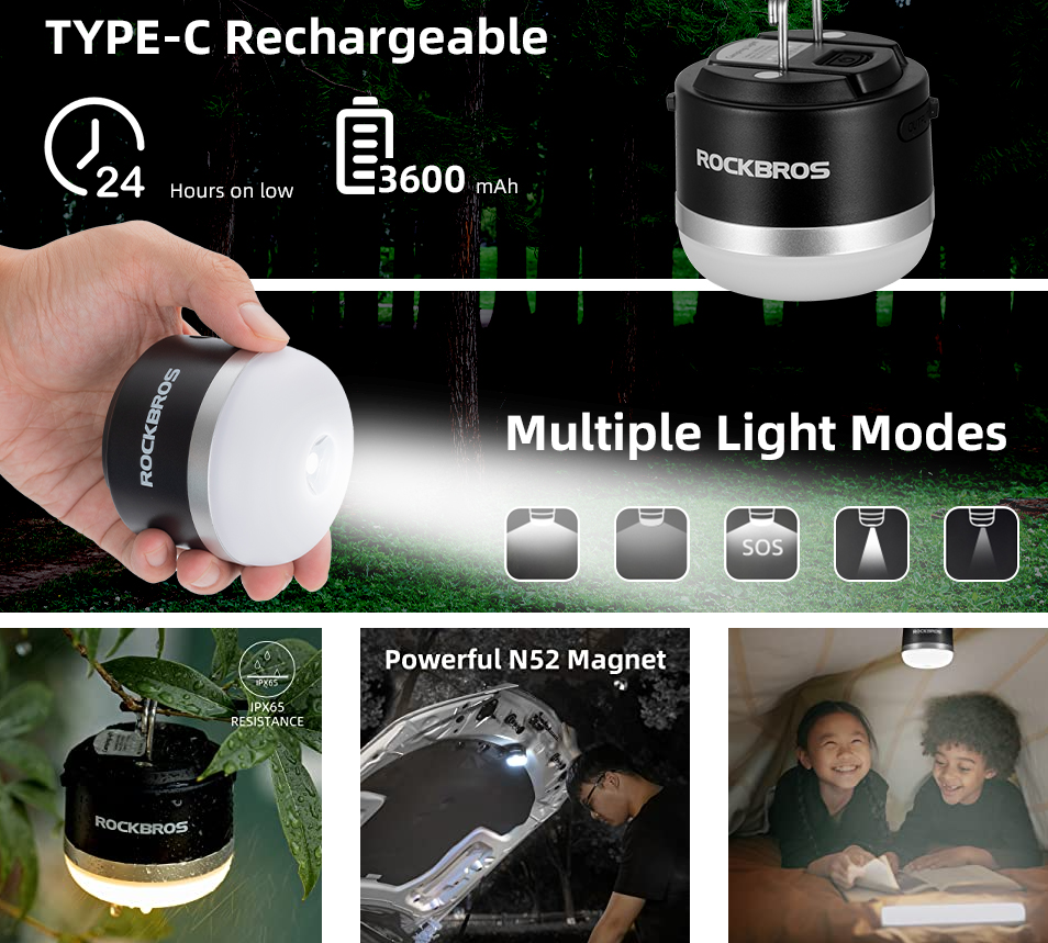 ROCKBROS Linterna para acampar al aire libre Linternas USB 600 lúmenes IPX65 Luz LED Batería recargable