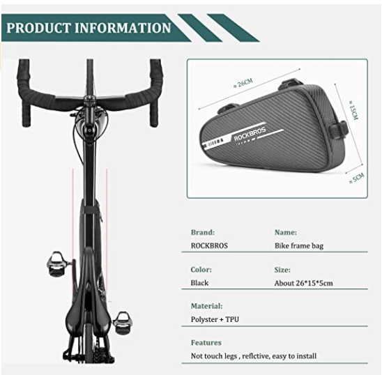 ROCKBROS B75 Bolsa para Cuadro de Bicicleta Bolsa Triangular 1.2L Negra