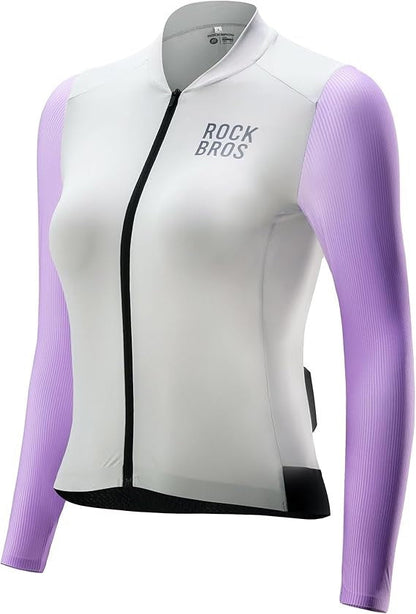 ROCKBROS Maillot Ciclismo Mujer Maillot Ciclismo Manga Larga Chaqueta Bicicleta Verano Maillot Ciclismo Maillot Bicicleta Carretera con 3 Bolsillos Traseros Ropa Ciclismo MTB Transpirable