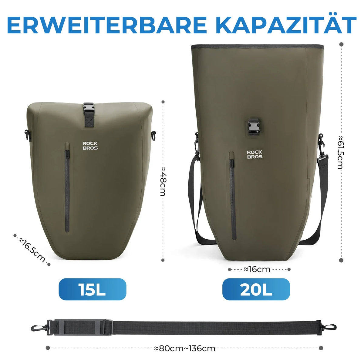 ROCKBROS 15L-20L Bolsa de parrilla para bicicleta 3 en 1