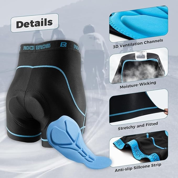 ROCKBROS Pantalones Cortos de Ciclismo para Hombre con Acolchado de Asiento 4D Ropa Interior de Ciclismo Transpirable Ropa Interior Acolchada para Bicicleta Ropa Interior Corta elástica MTB Bicicleta de Carretera M-3XL