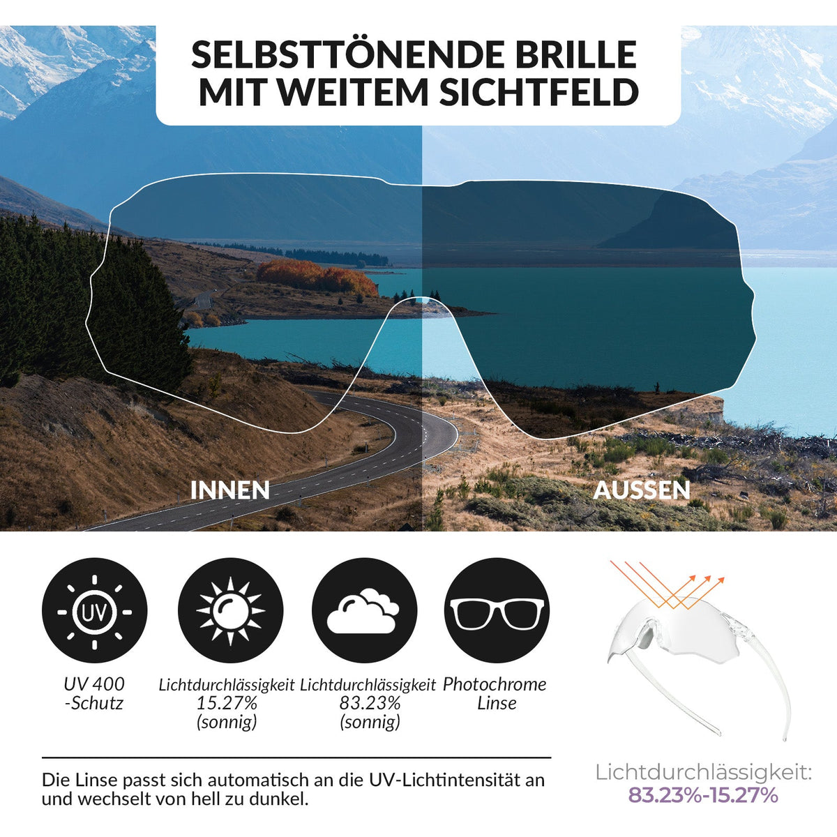 ROCKBROS Gafillas de ciclismo Fotocromáticas Protección UV400 Sin montura -SWIFT