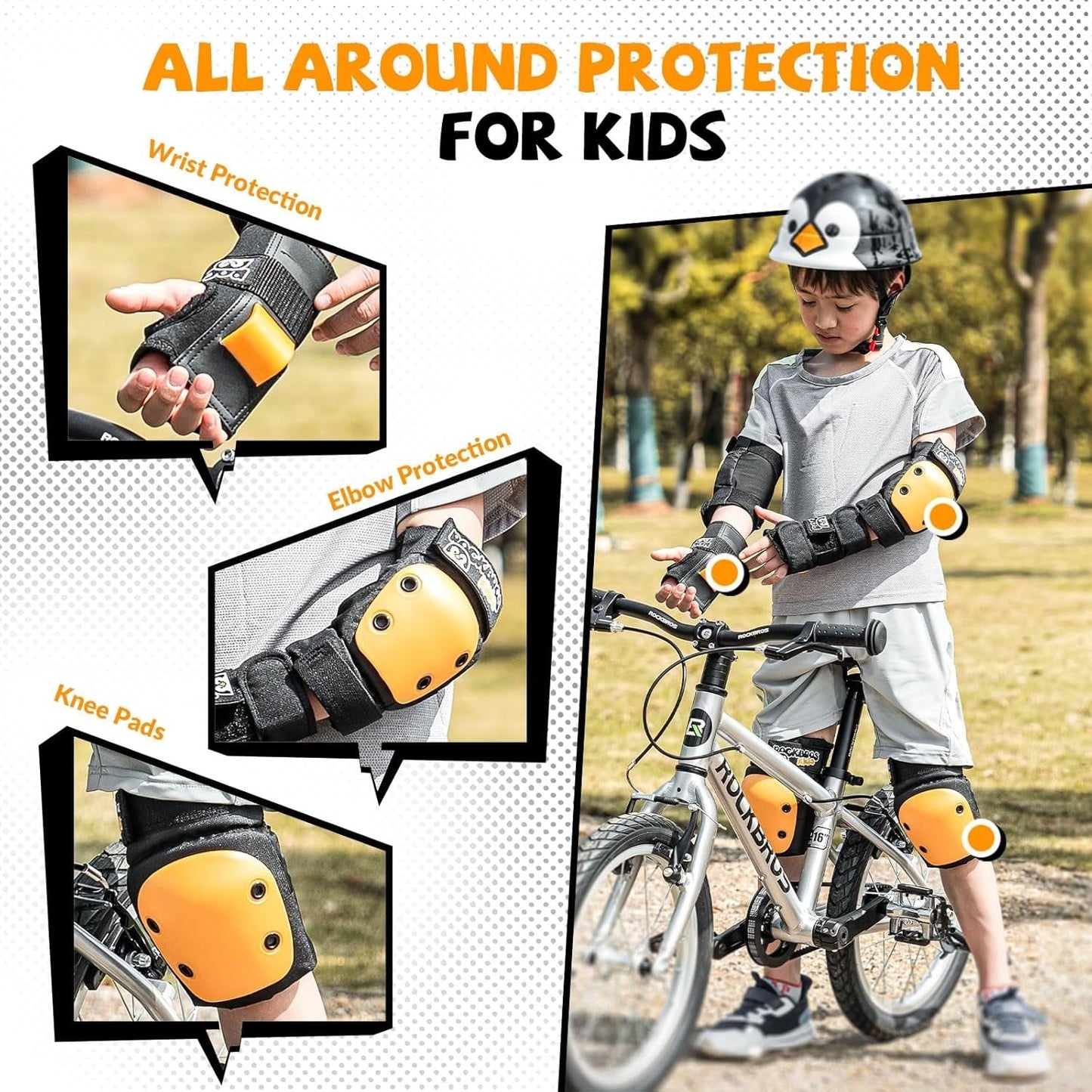 ROCKBROS rodilleras para niños 6 en 1 set protectores de patines rodilleras en línea muñequeras y coderas bicicleta skate deportes para niñas y niños