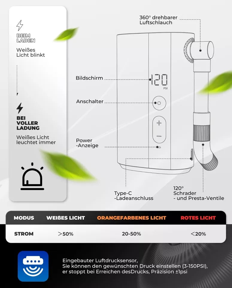 Bomba de bicicleta ROCKBROS Bomba de aire eléctrica portátil 5000mAh 150PSI 380g