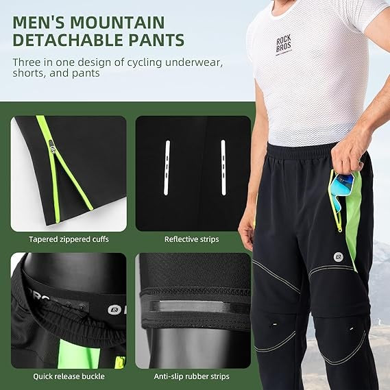 ROCKBROS Pantalones de ciclismo de doble capa, pantalones deportivos extraíbles, pantalones largos de ciclismo con acolchado de asiento, pantalones de bicicleta acolchados, para hombre, transpirables, para bicicleta de carretera MTB