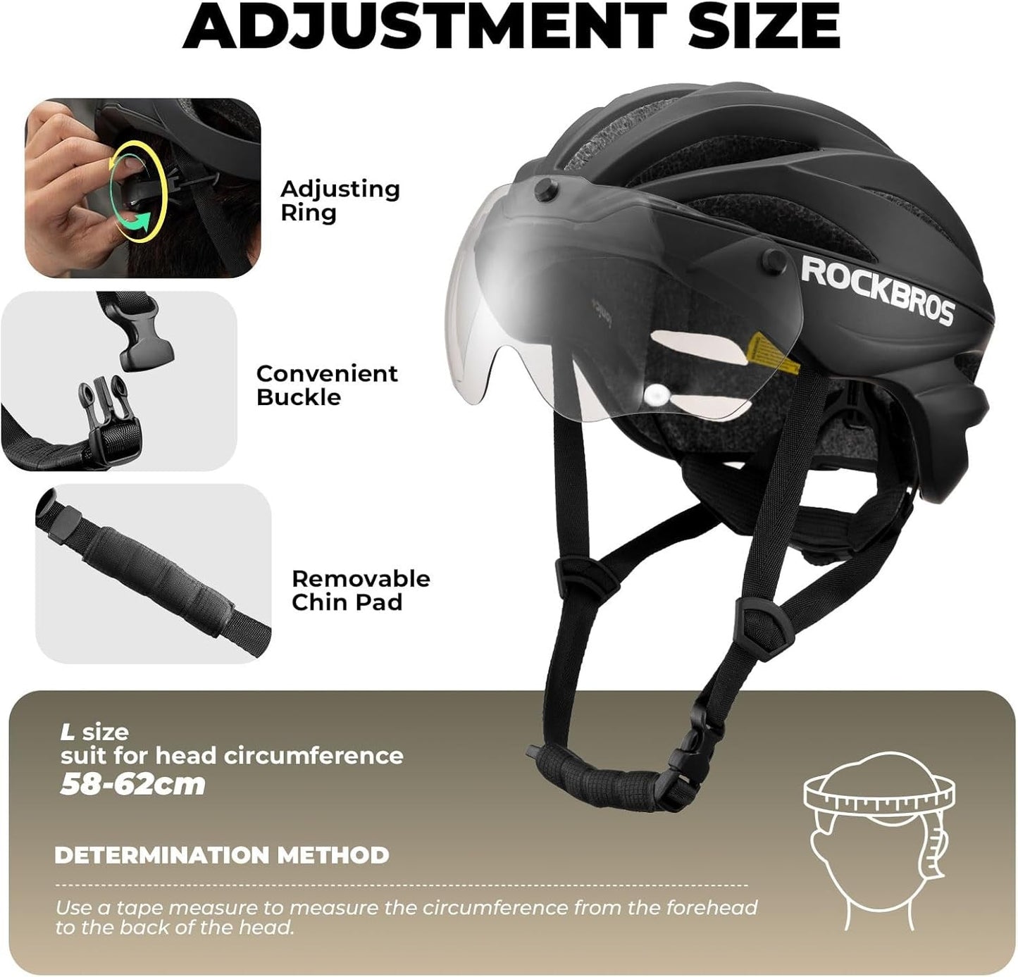 ROCKBROS Casco de bicicleta para adultos con visera magnética extraíble transpirable ajustable para hombres y mujeres 58-62 cm