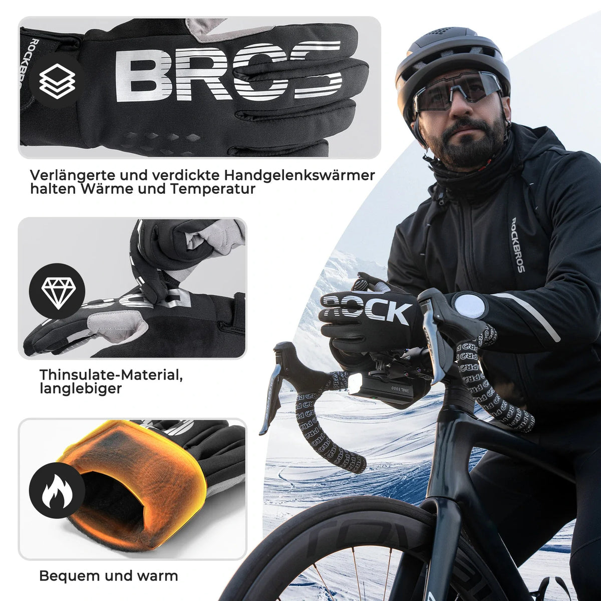 ROCKBROS Guantes de ciclismo de invierno Thinsulate Guantes cálidos con pantalla táctil
