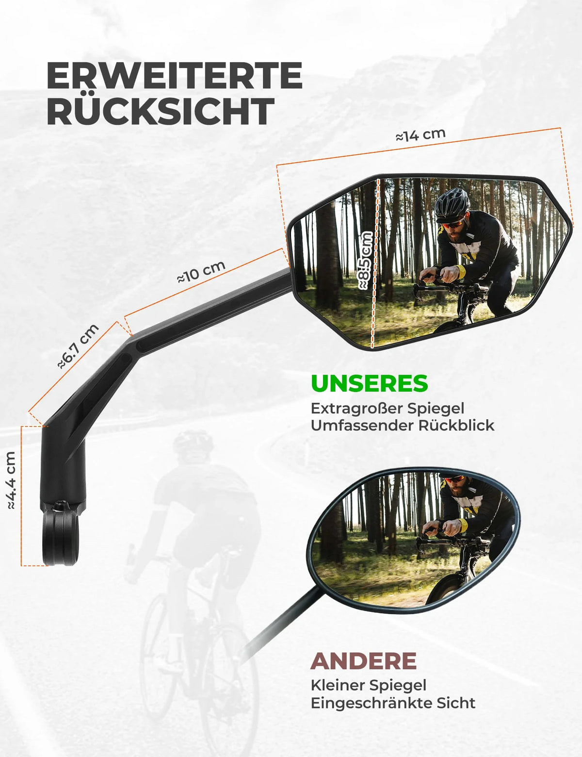 Espejo de bicicleta ROCKBROS, Ajustable 360° Sin Deslumbramiento, Espejo Retrovisor Convexo con Cristal HD Irrompible