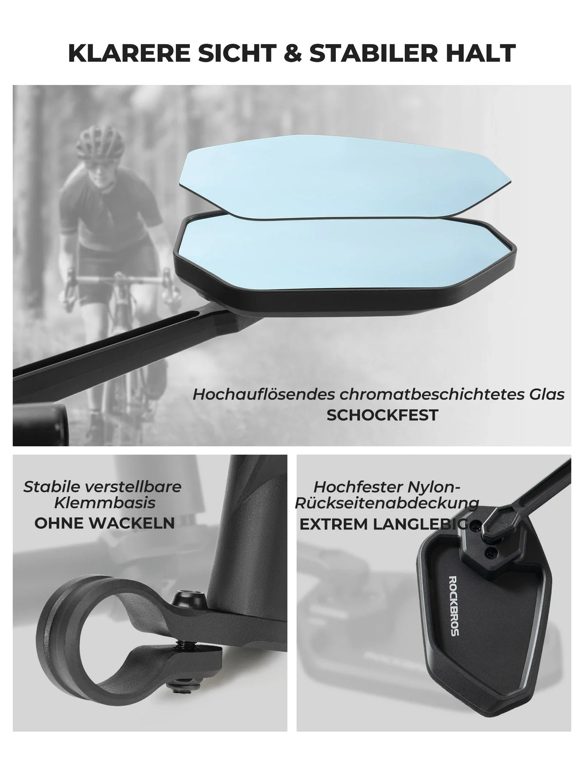 Espejo de bicicleta ROCKBROS, Ajustable 360° Sin Deslumbramiento, Espejo Retrovisor Convexo con Cristal HD Irrompible
