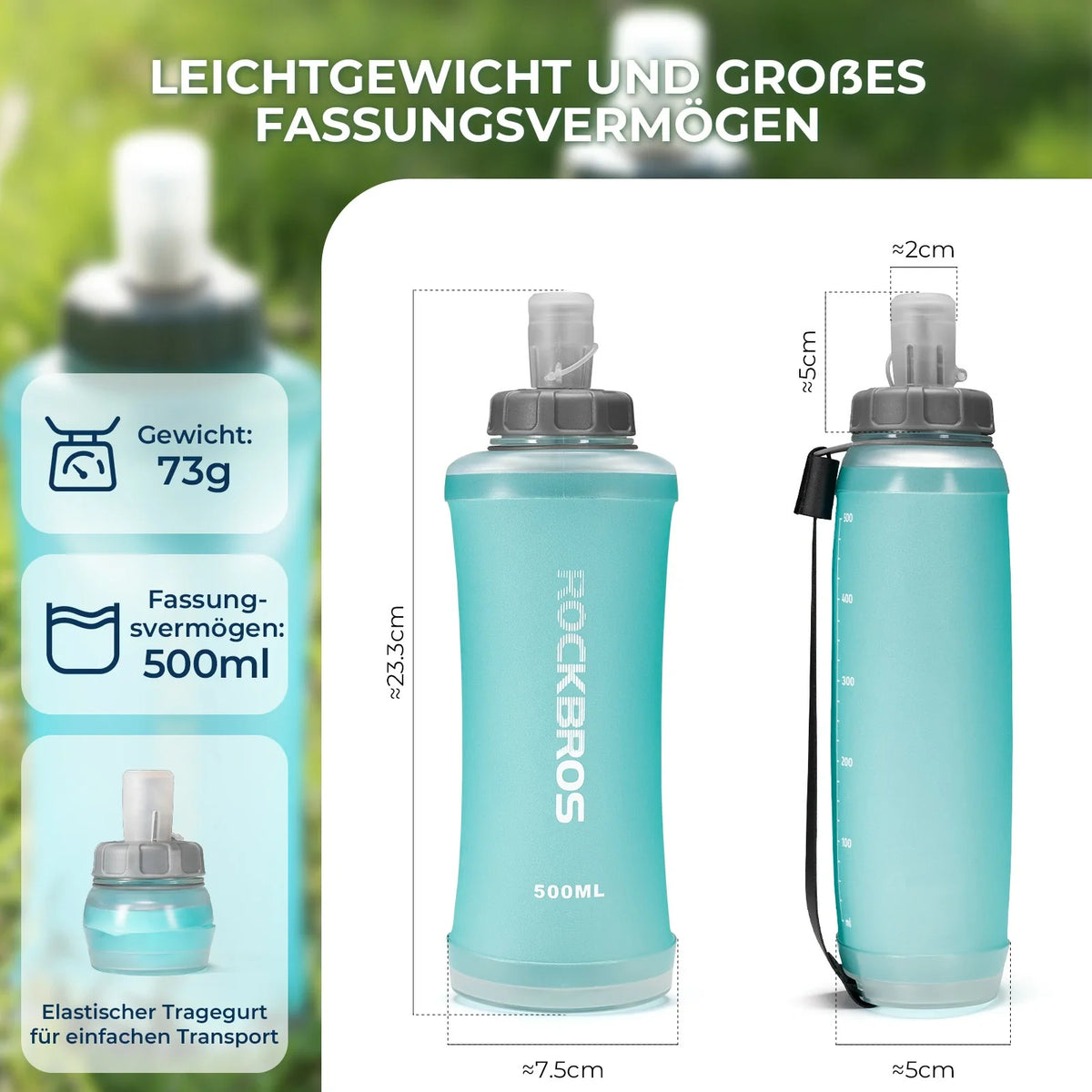 ROCKBROS Botella de agua plegable para bicicleta, ligera, libre de BPA