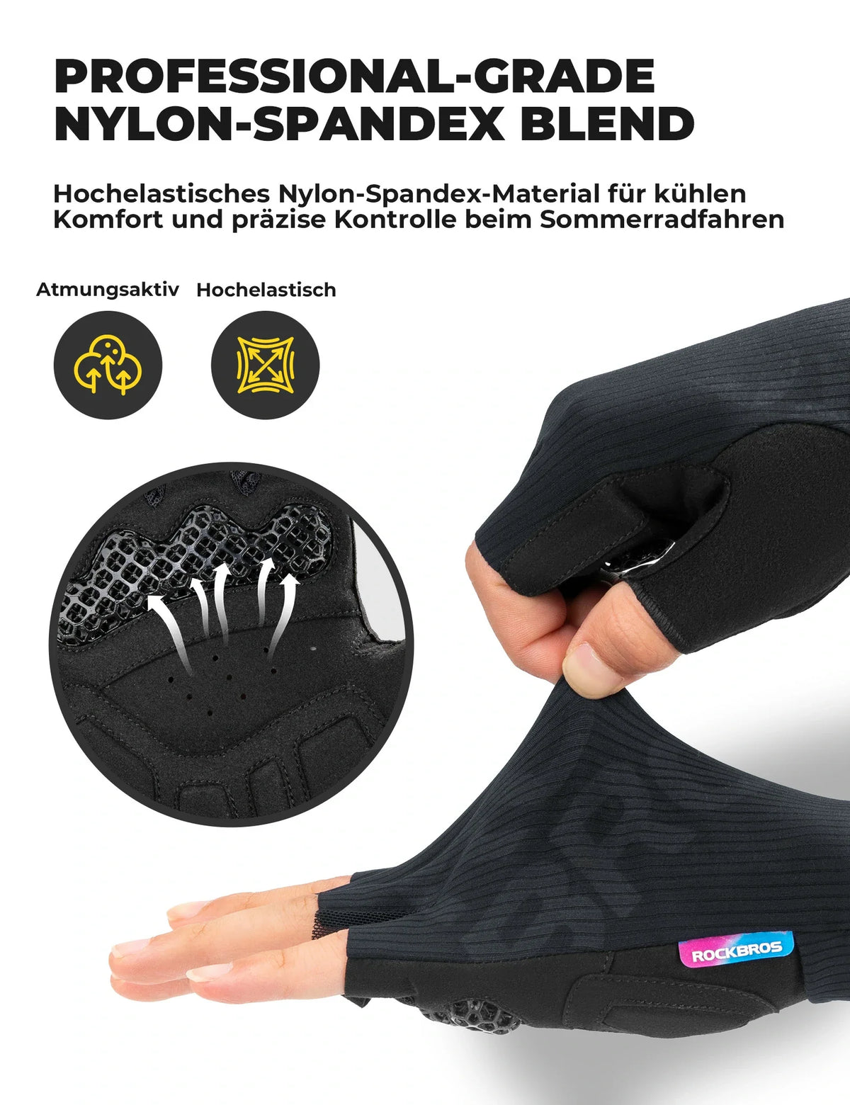 ROCKBROS Guantes de bicicleta de media finger Verano Elásticos y Transpirables, con Antideslizante y Acolchado de Amortiguación