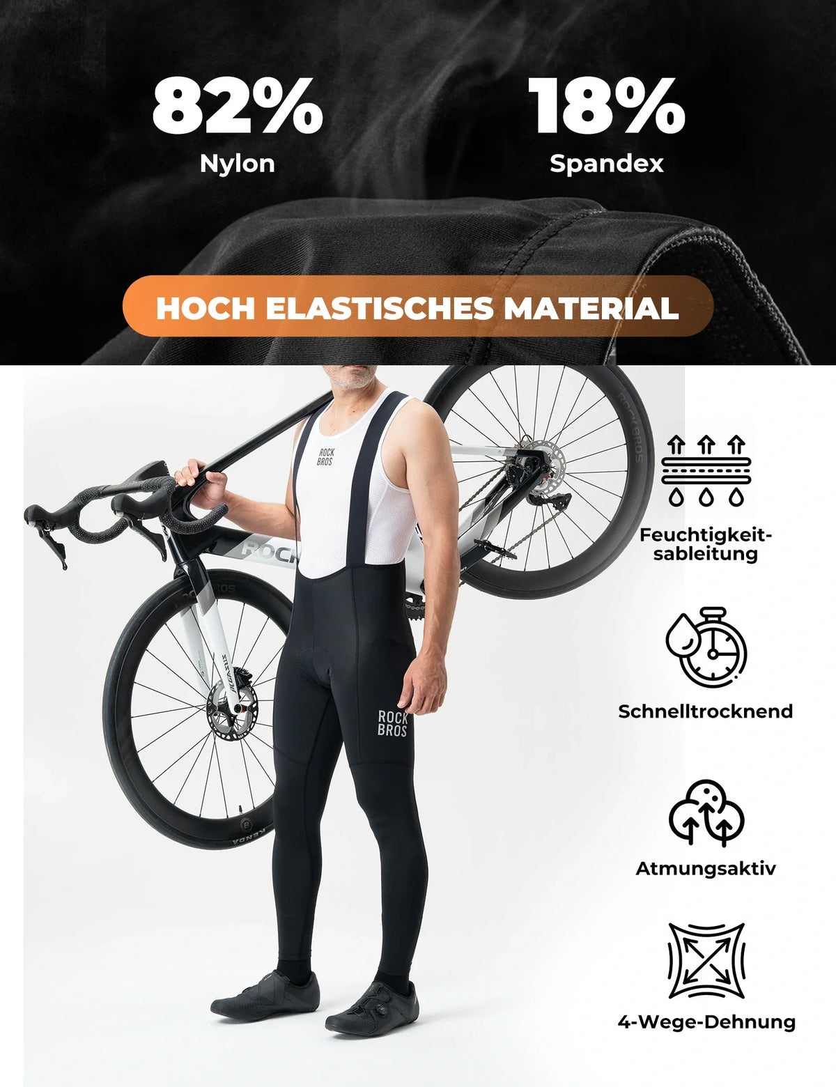 ROCKBROS Pantalón de ciclismo para hombre con tirantes - Muy elástico, transpirable con bandas reflectantes