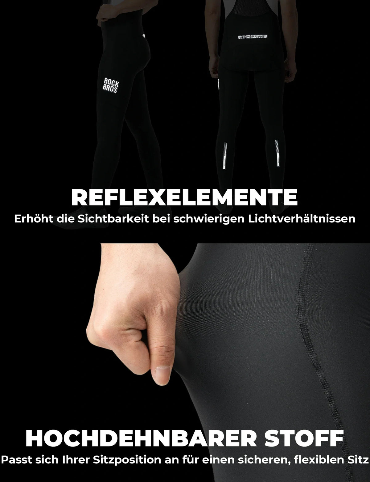 ROCKBROS Pantalón de ciclismo para hombre con tirantes - Muy elástico, transpirable con bandas reflectantes