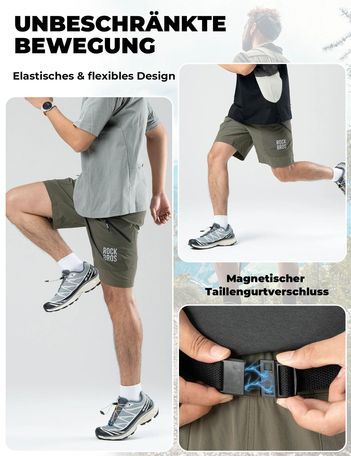 ROCKBROS Pantalones cortos deportivos para hombre Culote de ciclismo - Cinturón magnético de cintura, diseño de 4 bolsillos - Negro / S