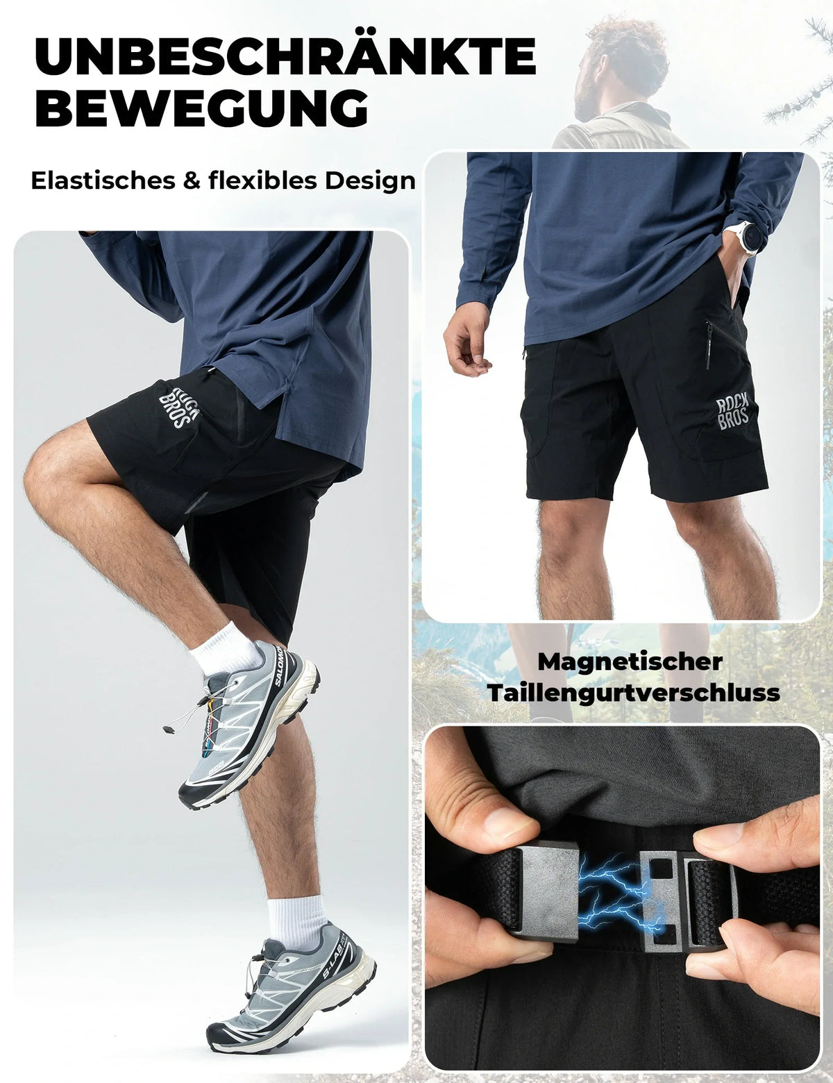 ROCKBROS Pantalones cortos deportivos para hombre Culote de ciclismo - Cinturón magnético de cintura, diseño de 4 bolsillos - Negro / S