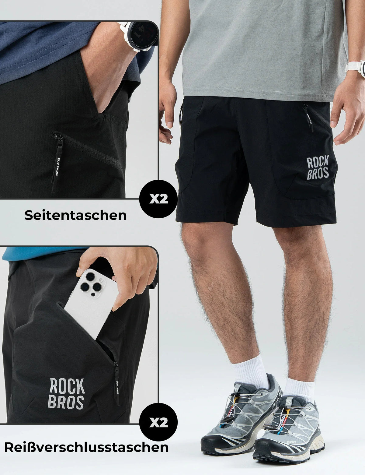 ROCKBROS Pantalones cortos deportivos para hombre Culote de ciclismo - Cinturón magnético de cintura, diseño de 4 bolsillos - Negro / S