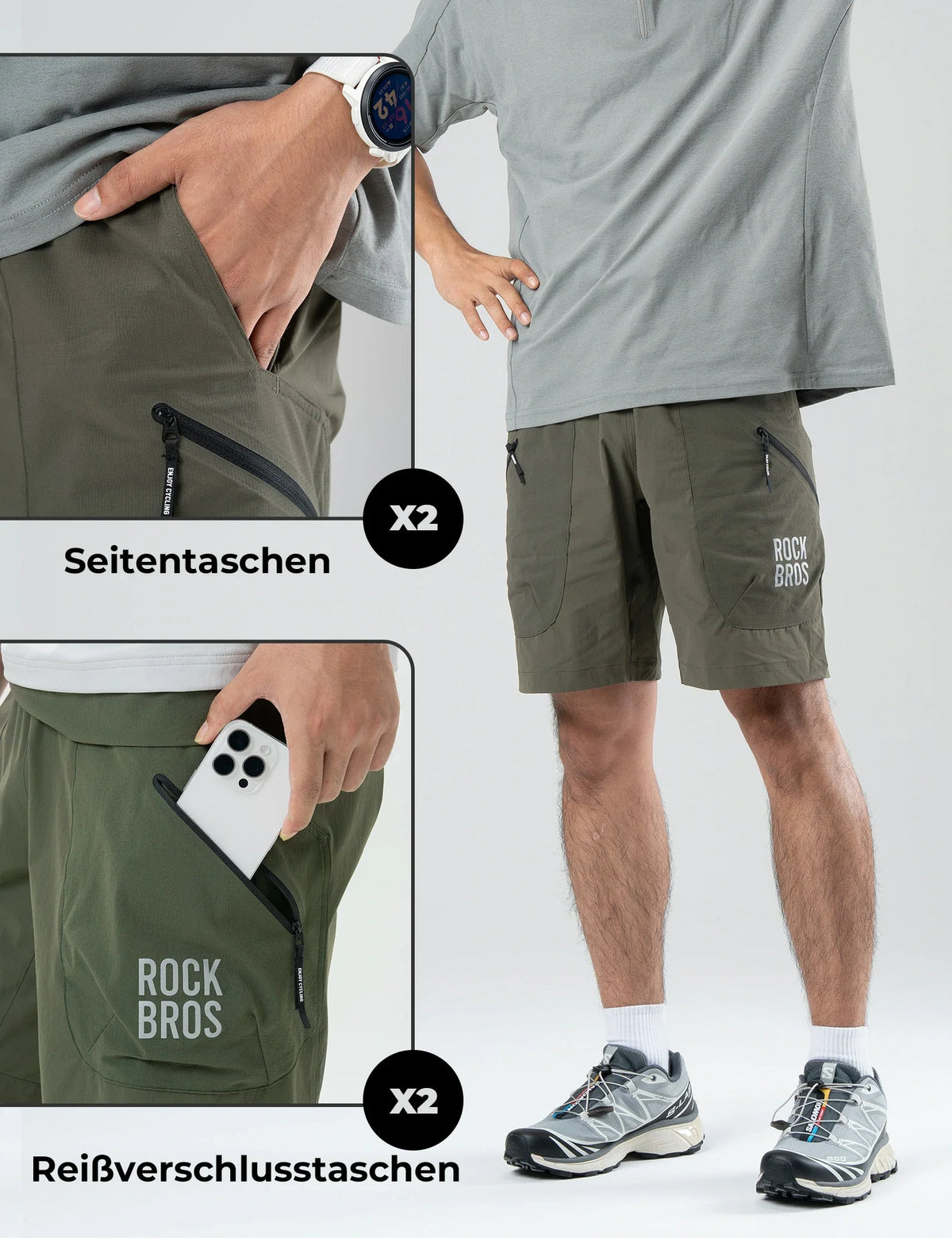 ROCKBROS Pantalones cortos deportivos para hombre Culote de ciclismo - Cinturón magnético de cintura, diseño de 4 bolsillos - Negro / S