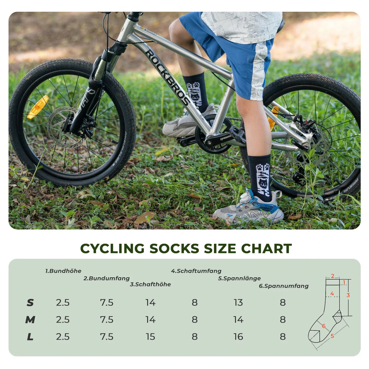 ROCKBROS Calcetines de bicicleta para niños con zonas de compresión antibacterianas 5A, diseño de huellas de gato