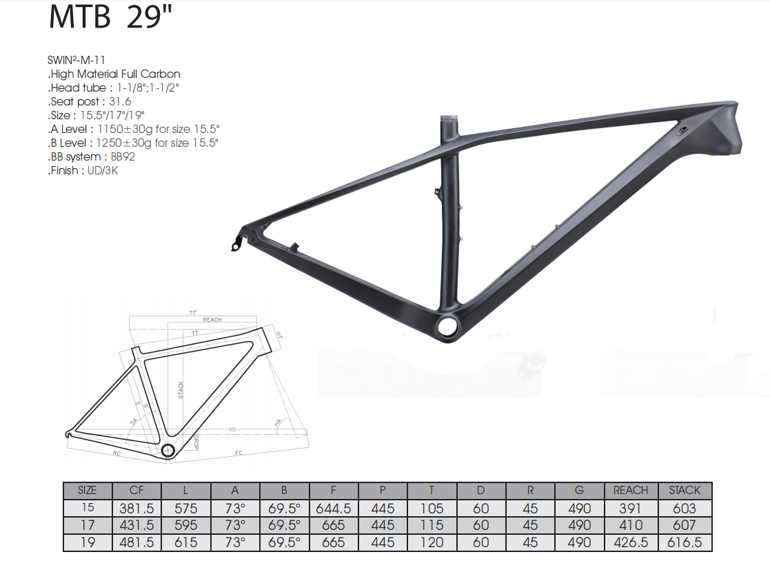 Cuadro de bicicleta de carbono RINOS T800 para MTB rígida ligero