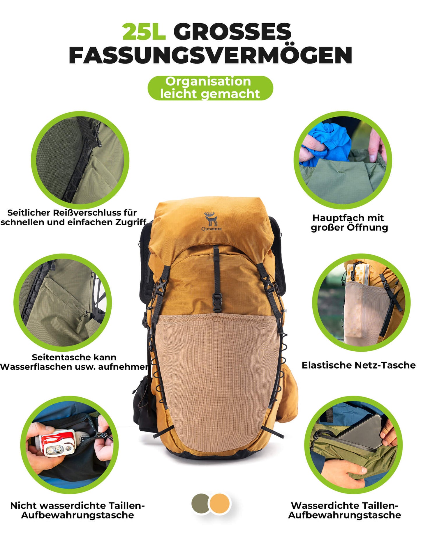 Mochila de senderismo transpirable de 25 l, con bolsillo desmontable y acceso lateral Quantature