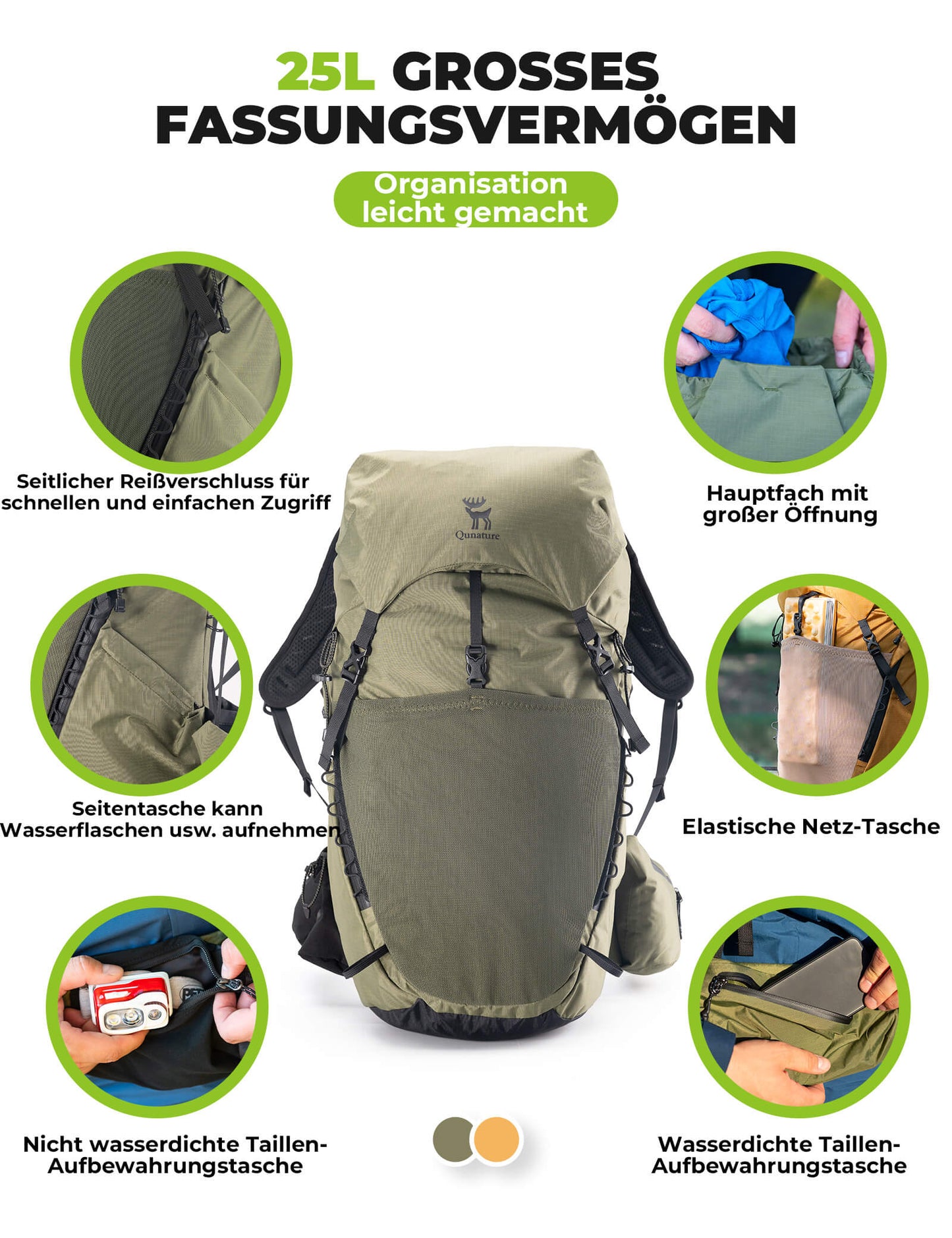 Mochila de senderismo transpirable de 25 l, con bolsillo desmontable y acceso lateral Quantature