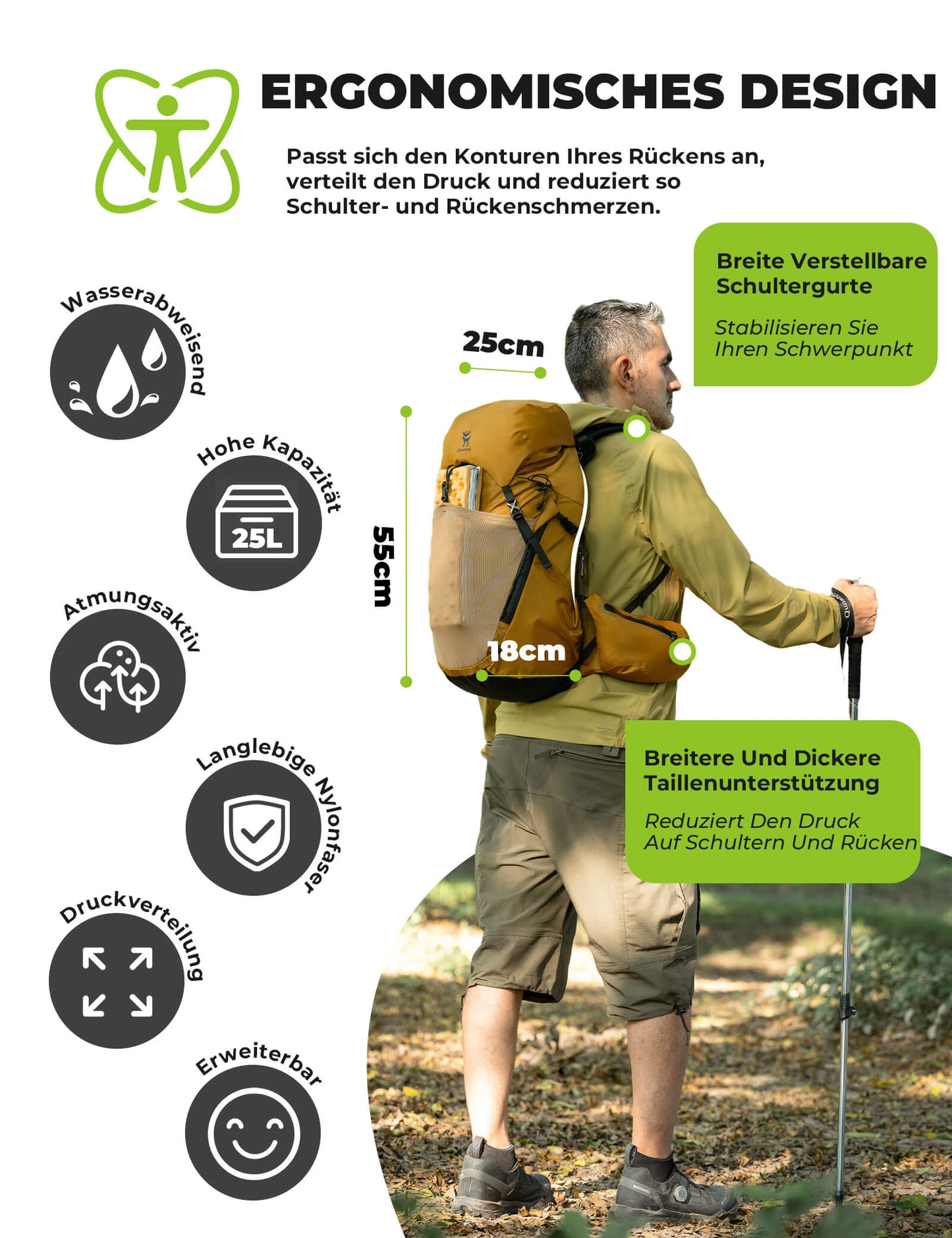 Mochila de senderismo transpirable de 25 l, con bolsillo desmontable y acceso lateral Quantature