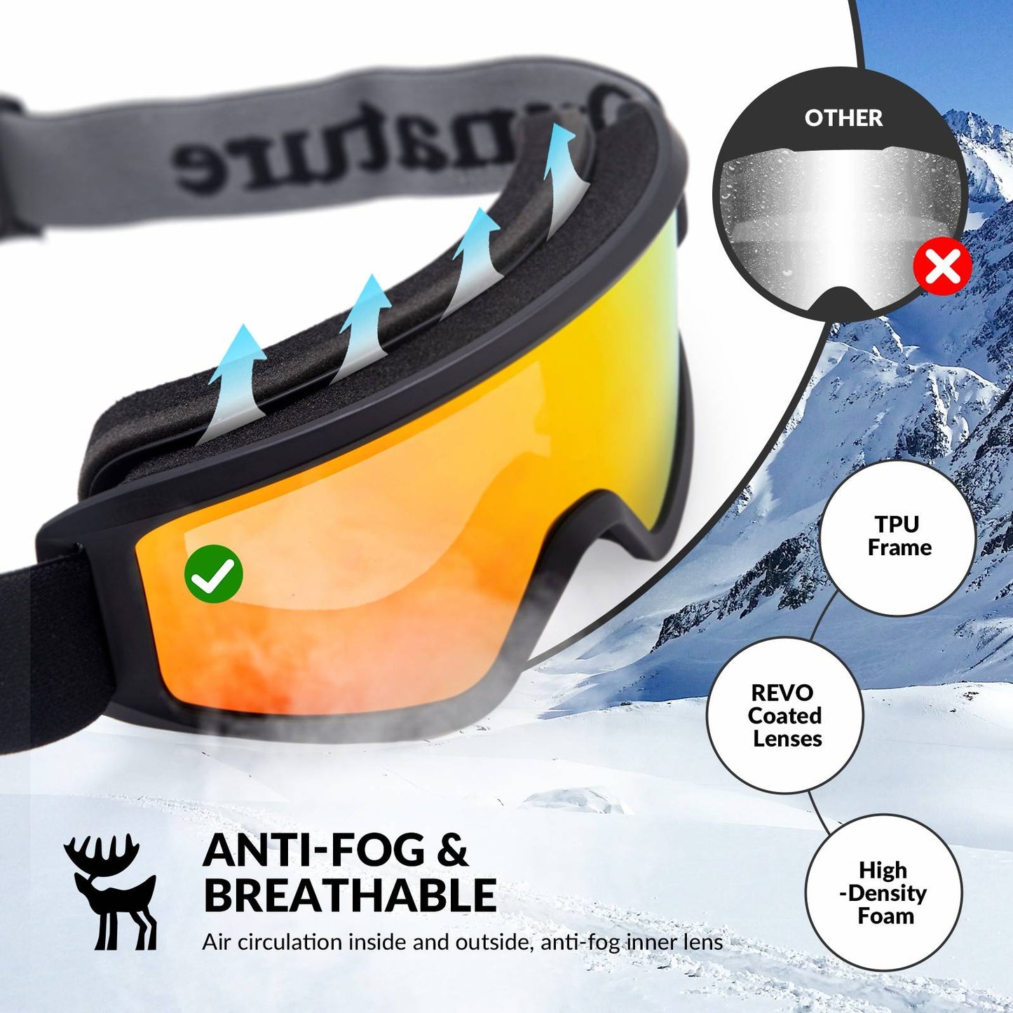 Gafas de esquí antivaho, doble lente, Quantature