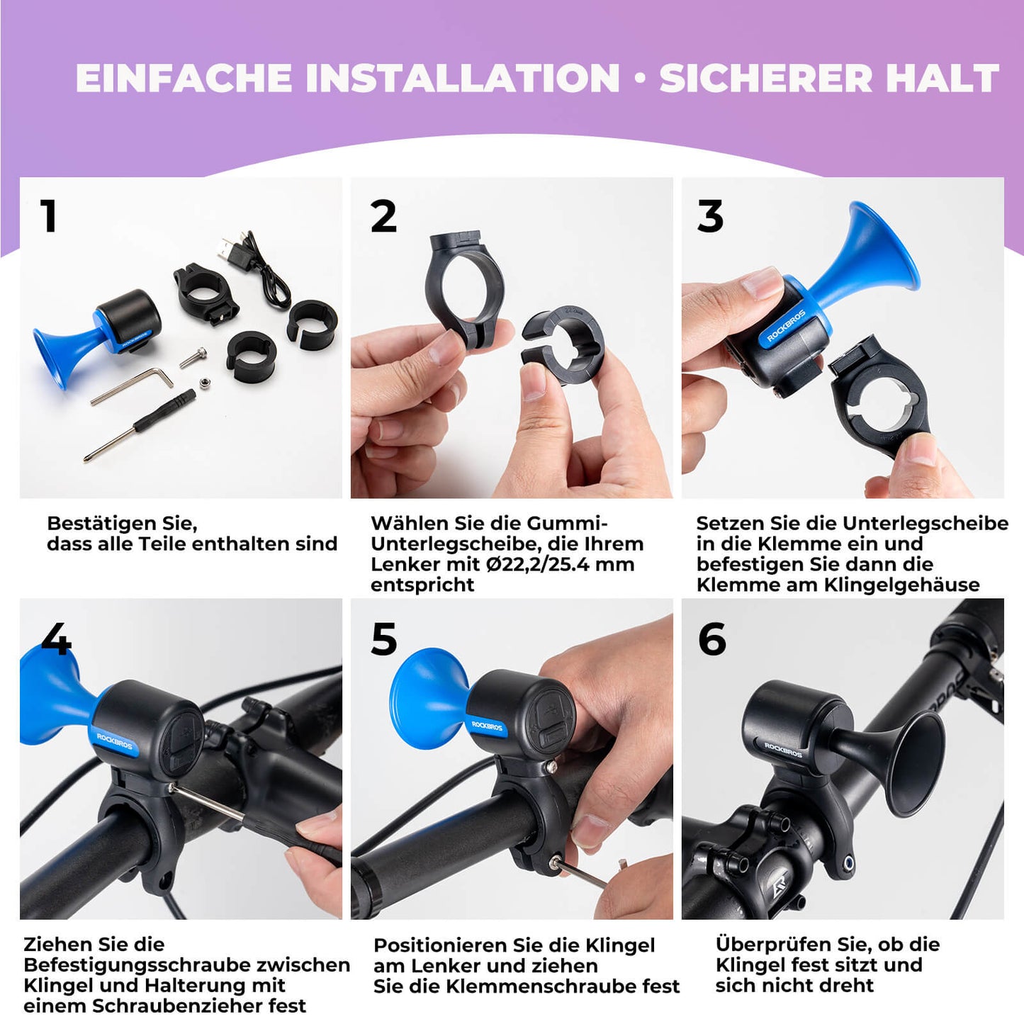 Timbre de bicicleta eléctrica 120dB para manillares de 22,2/25,4/31,8 mm ROCKBROS