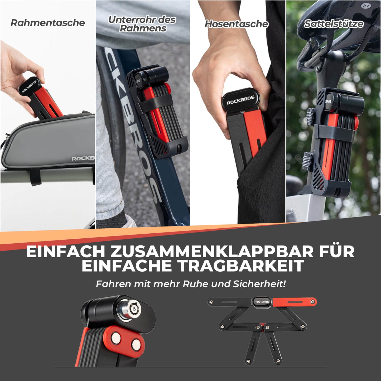 Candado para bicicleta plegable, robusto dispositivo antirrobo con 2 llaves, ROCKBROS