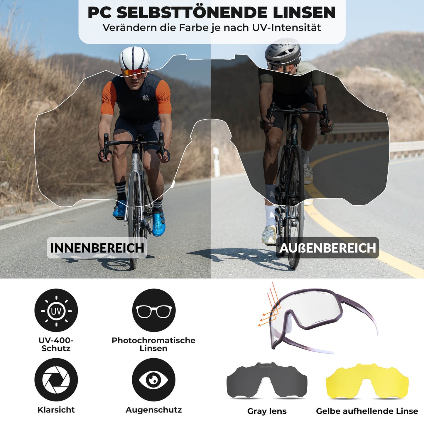 Gafas de ciclismo, gafas de sol fotocromáticas, protección UV, plaquetas nasales intercambiables, mujer/hombre, ROCKBROS