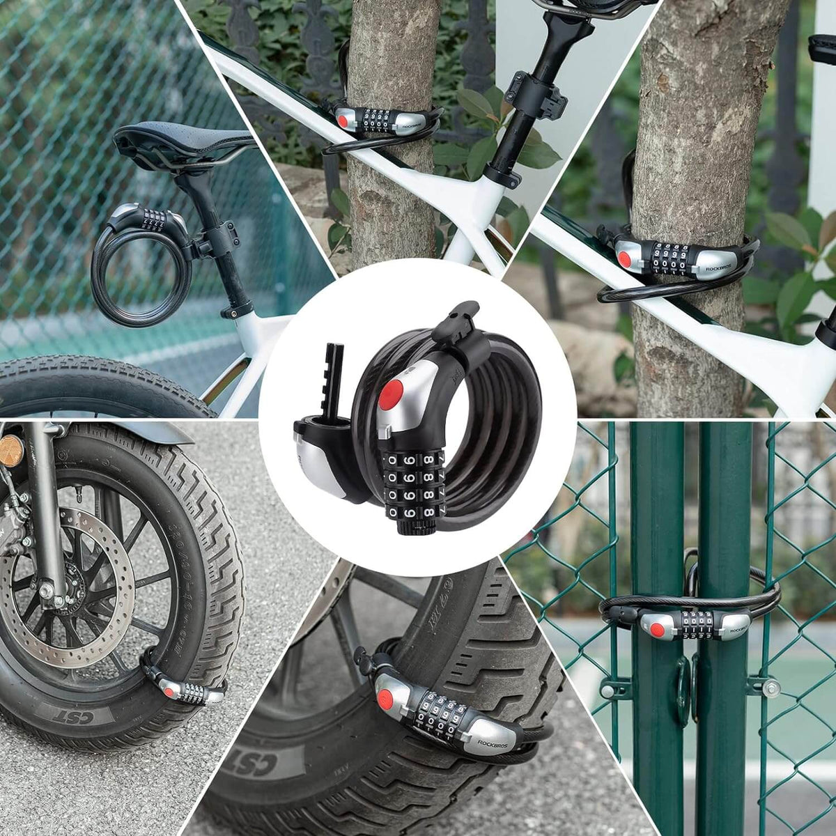 ROCKBROS Candado para bicicleta Candado de cable con código de 4 dígitos con luz 120cm/180cm