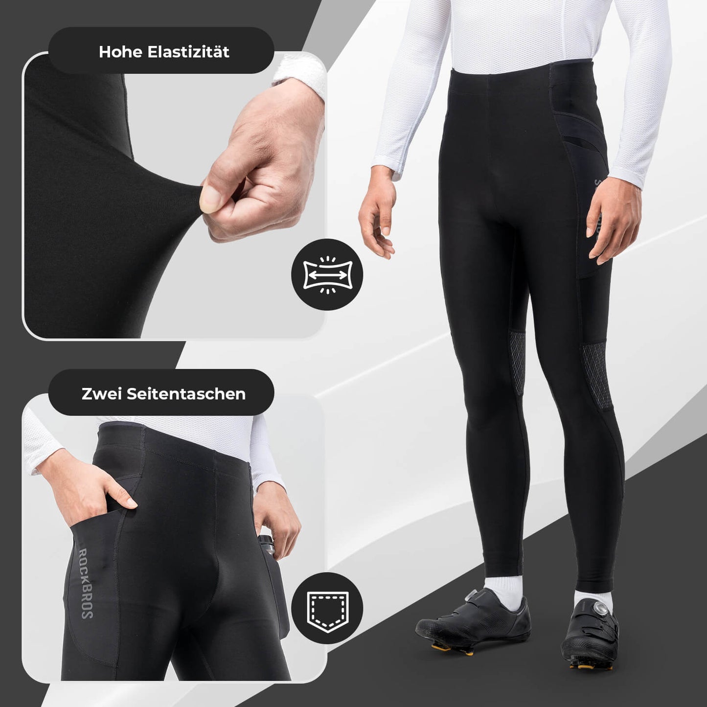 Pantalones térmicos de ciclismo de invierno, mallas de compresión de forro polar, 3 bolsillos, ROCKBROS