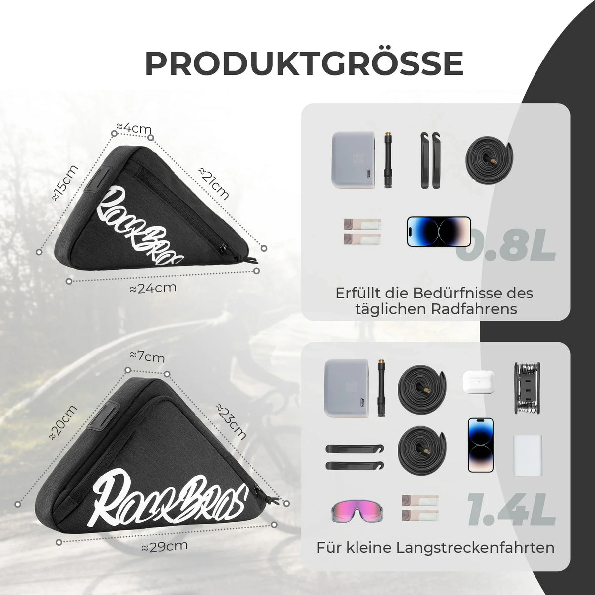 ROCKBROS Bolsa de Cuadro para Bicicleta Bolsa Triangular 0.8L–1.4L