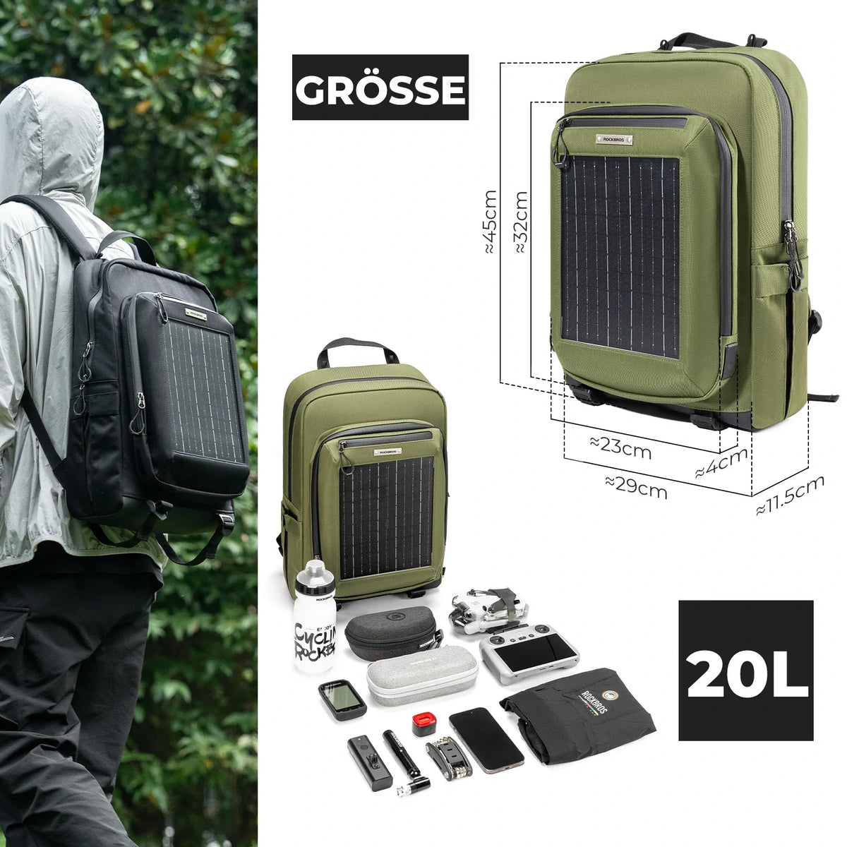 ROCKBROS Mochila Solar Solar Rucksack 20L con 10V 14W Flexible Desmontable