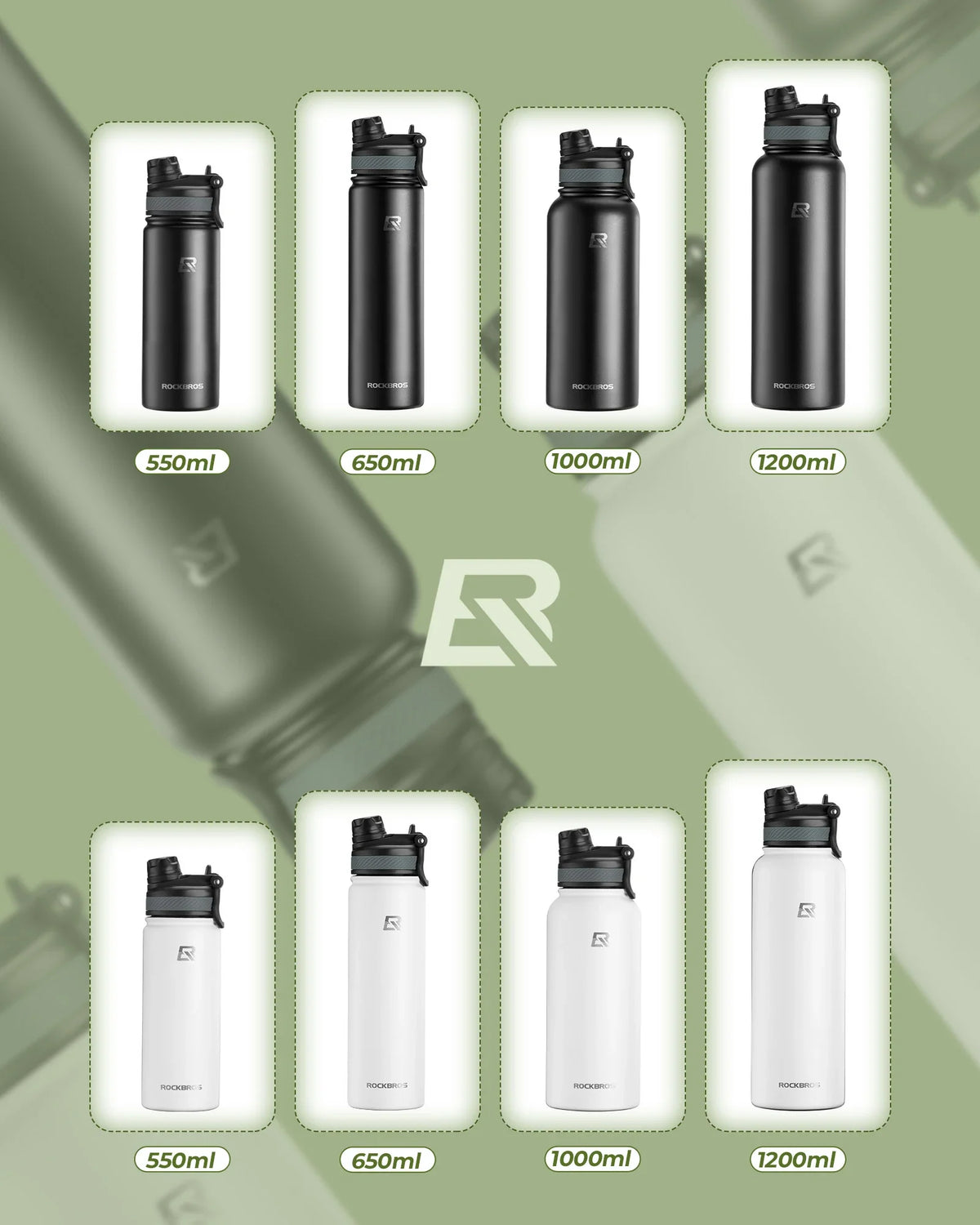 ROCKBROS Botella de Agua de Acero Inoxidable 550ml/650ml/1000ml/1200ml Termo Libre de BPA Botella de Bicicleta
