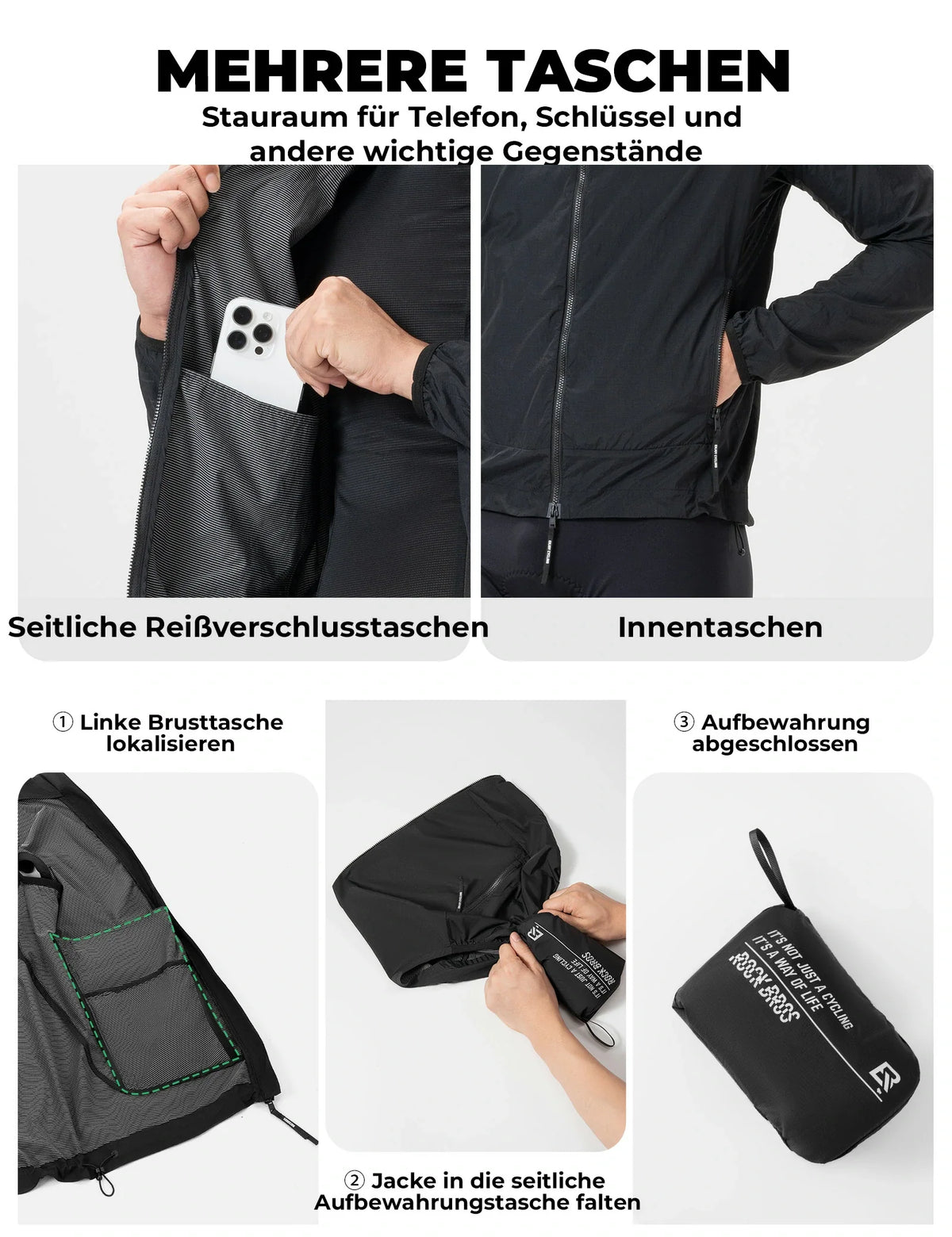 ROCKBROS Chaqueta de ciclismo cortavientos, ligera, transpirable, de secado rápido, plegable
