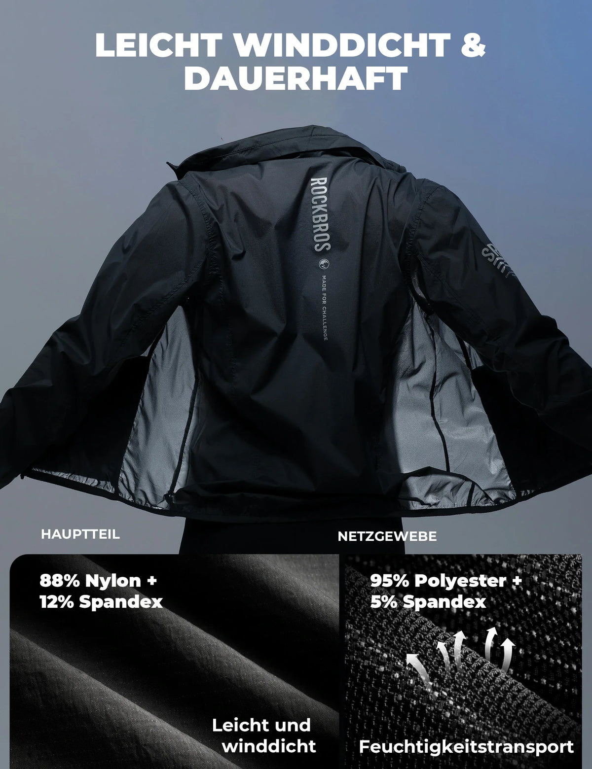 ROCKBROS Chaqueta de ciclismo cortavientos, ligera, transpirable, de secado rápido, plegable