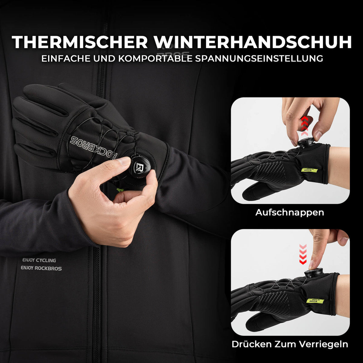 ROCKBROS Guantes de invierno para bicicleta con pantalla táctil - Térmicos acolchados y reflectantes
