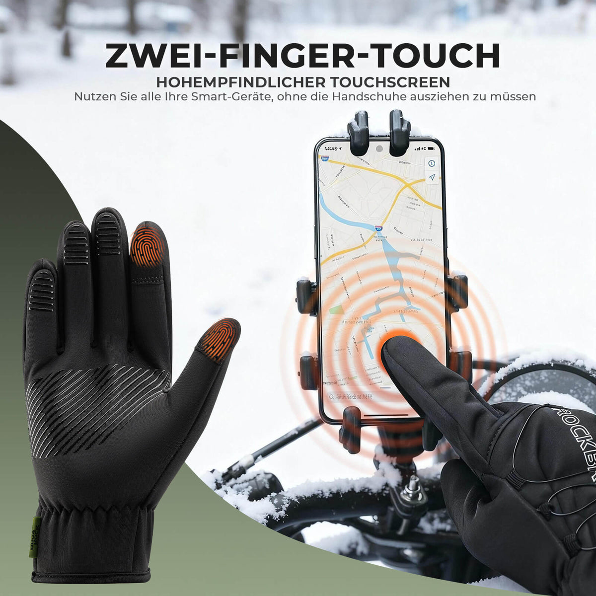 ROCKBROS Guantes de invierno para bicicleta con pantalla táctil - Térmicos acolchados y reflectantes