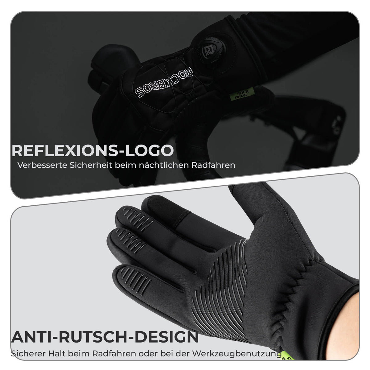 ROCKBROS Guantes de invierno para bicicleta con pantalla táctil - Térmicos acolchados y reflectantes
