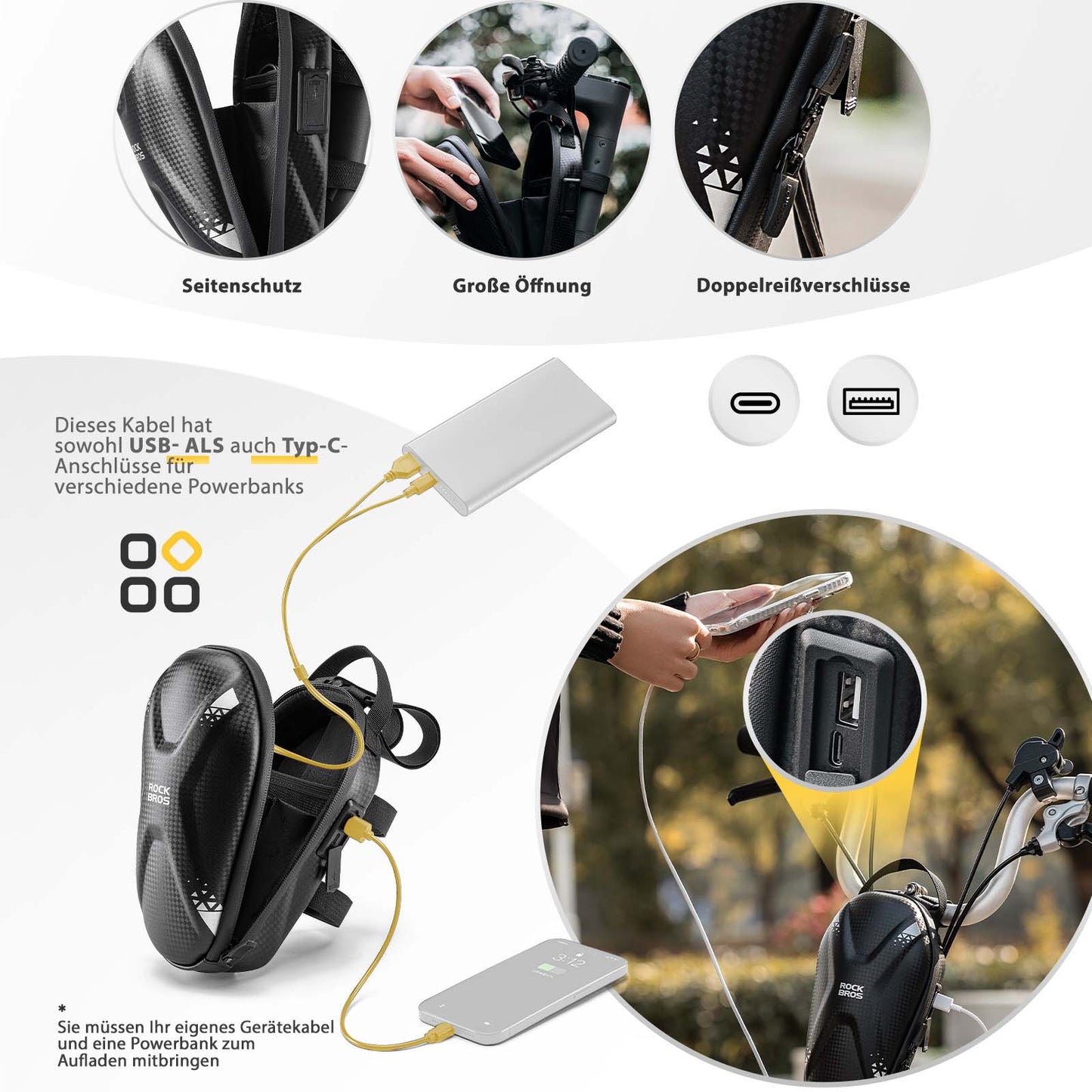 Bolsa para manillar de patinete eléctrico, bolsa frontal impermeable con puertos USB, ROCKBROS
