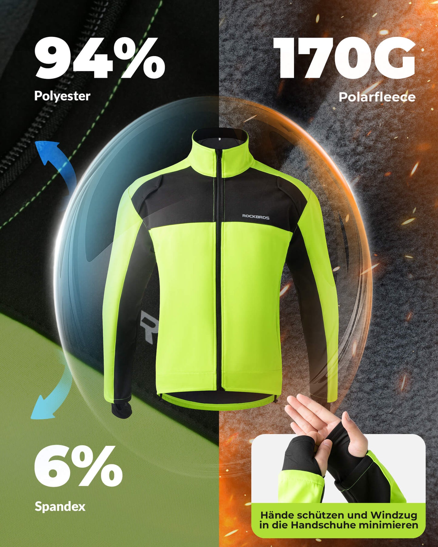 Chaqueta y pantalones de ciclismo Traje de ciclismo de invierno Verde brillante ROCKBROS