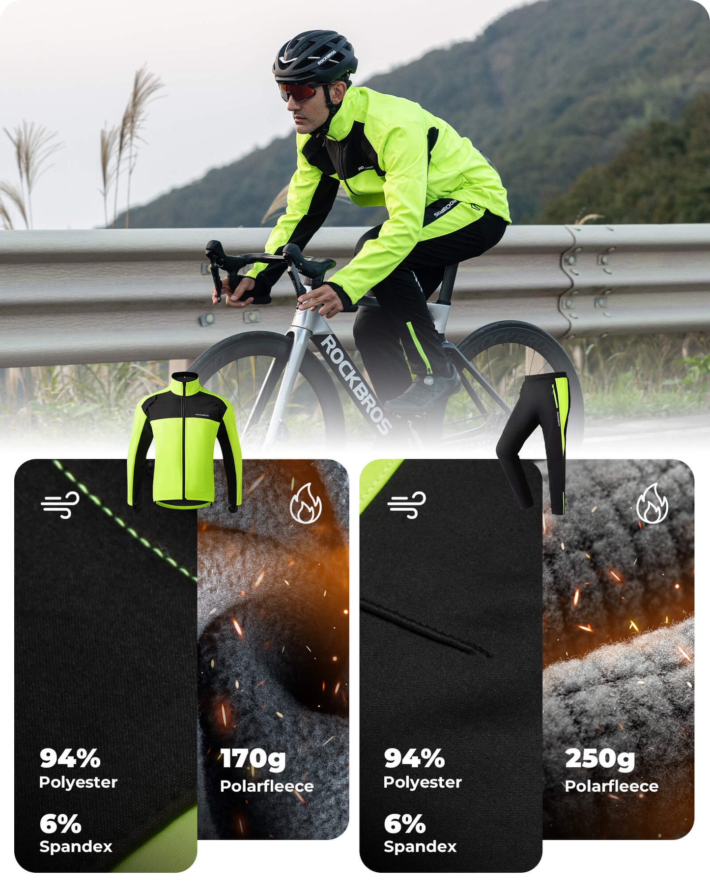 Chaqueta y pantalones de ciclismo Traje de ciclismo de invierno Verde brillante ROCKBROS