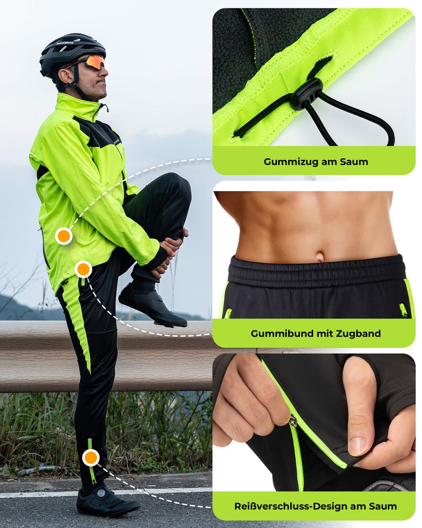 Chaqueta y pantalones de ciclismo Traje de ciclismo de invierno Verde brillante ROCKBROS